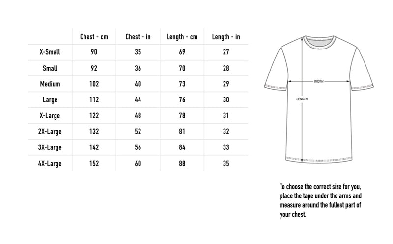 Size chart for 2026 EU Tour Tee - Black